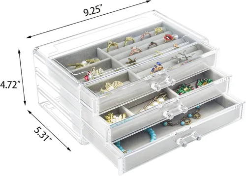 Miniatura 3 de Joyero acrílico con 3 cajones, organizador de joyas de terciopelo, aretes, anillos, collares, pulseras, vitrina, regalo para mujeres y niñas