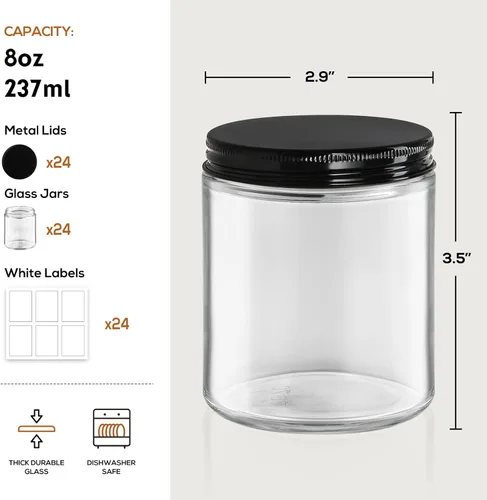 Miniatura 2 de Paquete de 24 tarros de vidrio gruesos de 8 onzas con tapas de metal, tarros redondos transparentes para hacer velas, recipientes vacíos