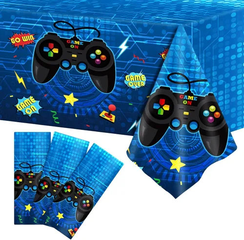 gisgfim 3 manteles de videojuegos para jugadores, para fiesta de cumpleaños, 106 x 54 pulgadas, cubierta de plástico para mesa de juegos,