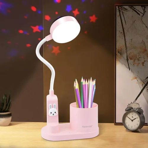 Lámpara LED de escritorio para niños, pequeña y bonita luz de mesa con soporte para bolígrafo, lámpara de cuello de cisne rosa, proyector de