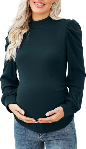 Coolmee Camiseta de maternidad de punto acanalado para mujer, cuello alto falso, manga larga, túnica fruncida para embarazadas