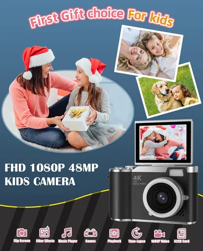 Miniatura 6 de Cámara para niños, cámara digital 4K para fotografía, cámara de video selfie HD 1080P de 48MP, con pantalla giratoria de 180° y flash, con tarjeta