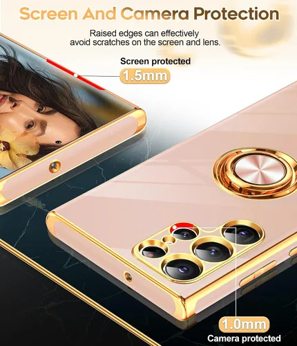 Miniatura 4 de LeYi Funda para Samsung Galaxy S22 Ultra con Soporte de Anillo Giratorio de 360°, Soporte Magnético con Patilla, Borde Chapado en Oro Rosa Protector