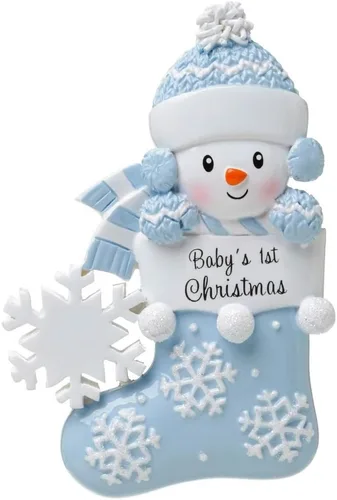 Miniatura 2 de Adorno personalizado para 2020, primera Navidad del bebé, bebé de nieve con malla y copo de nieve. Adorno para árbol de Navidad, escrito a mano