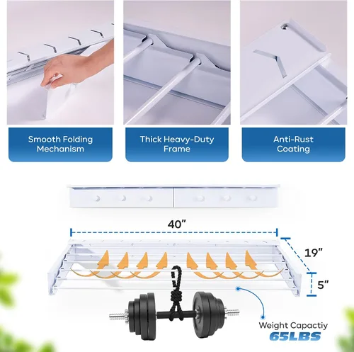 Miniatura 4 de Estante plegable de aluminio de alta calidad de 40 pulgadas con 6 varillas y 6 clips adicionales, estante grande para ropa sucia, capacidad de 65