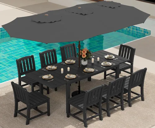 Miniatura 37 de SERWALL Juego de comedor para exteriores de 9 piezas, mesa de comedor expandible de 60 a 83 pulgadas y 8 sillas de polietileno de alta densidad