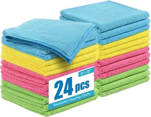 Paño de limpieza de microfibra, paquete de 24, 12 x 12 pulgadas, varios colores | Reutilizable Super Absorbente Suave Para La Cocina Casa Ventana