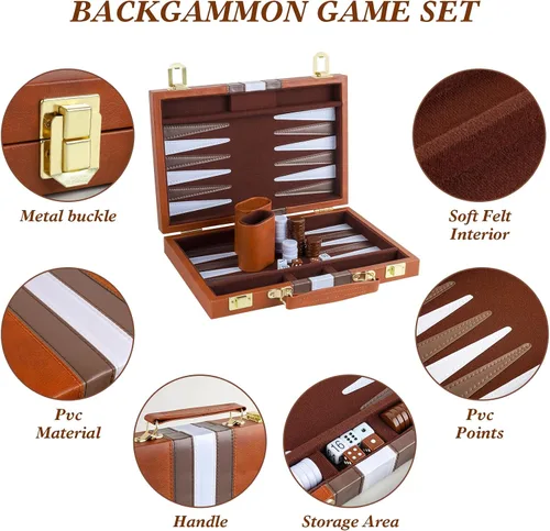 Miniatura 4 de Backgammon - Juego de 2 jugadores clásico de backgammon para adultos, juego de mesa con funda de piel sintética, portátil y juego de backgammon