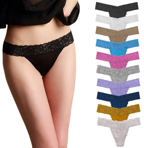 Pmrxi - Paquete de 10 tangas de encaje para mujer, de algodón, de diferentes tipos de encaje y colores