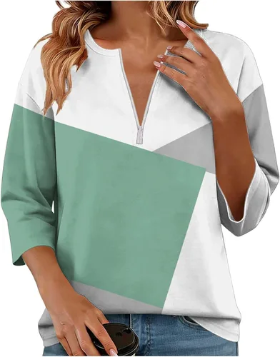 Miniatura 13 de Sudadera de manga larga con media cremallera para mujer, de gran tamaño, bloque de color, con cremallera de un cuarto, camisas de moda de primavera