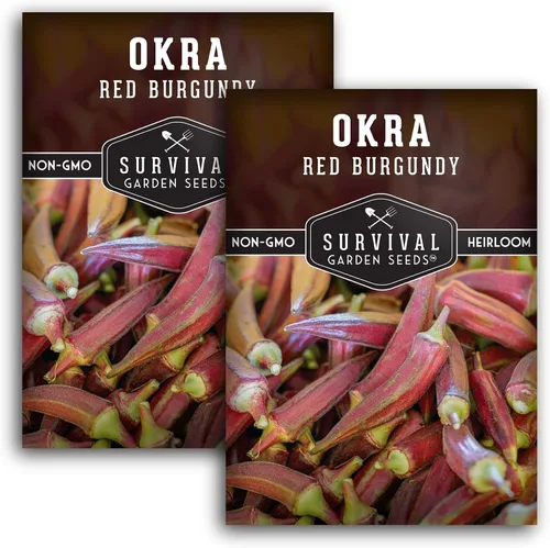 Miniatura 10 de Survival Garden Seeds - Semilla de Okra rojo burdeos para plantar - Paquete con instrucciones para plantar y cultivar vainas tiernas de Okra Borgoña