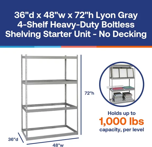 Miniatura 3 de Shelving Inc. 36 pulgadas de profundidad x 48 pulgadas de ancho x 72 pulgadas de alto - Unidad de inicio de 4 estantes gris con doble remache - Sin