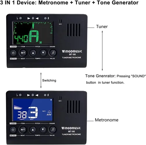Miniatura 7 de WINGO Metrónomo Digital, Sintonizador y Generador de Tonos - Dispositivo 3 en 1 (Negro) - para Cromático, Guitarra, Bajo, Ukelele, Violín - Batería