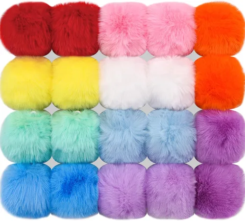 Miniatura 9 de BQTQ 20 pompones de piel sintética para manualidades, pompón esponjoso con lazo elástico para sombreros, llaveros, bufandas, guantes, bolsas
