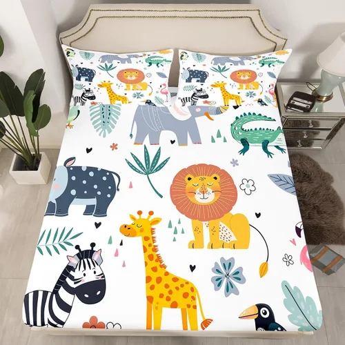 Miniatura 2 de Feelyou Juego de sábanas bajeras de animales salvajes de animales salvajes con dibujos animados, safari salvaje, juego de ropa de cama para niños