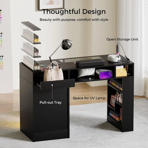 Miniatura 9 de Kikihouse Mesa de Manicura para Técnico de Uñas con Tapa de Vidrio y Cajón, Mesa para Técnico de Uñas con Estantes Móviles, Colector de Polvo, Carga
