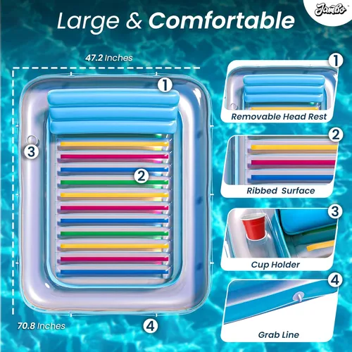 Miniatura 3 de JAMBO Flotador inflable para bronceado en piscina, 70 x 47 pulgadas, flotador de bronceado en piscina con almohada, balsa de agua para relajarse