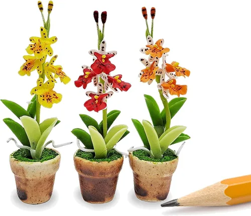 WitnyStore Juego de 3 piezas pequeñas de 2 pulgadas de alto, orquídea amarilla, roja y naranja - Flores artificiales hechas a mano, coloridas en