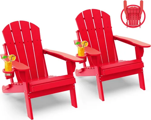 GREENVINES Juego de 2 sillas plegables Adirondack | Plástico HDPE | Silla para hoguera | Todo clima | Portavasos | Rojo | para terraza, patio