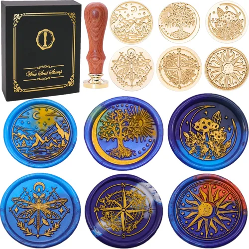 SWANGSA Galaxy Universe - Juego de sellos de cera para sellos, 6 cabezales de sello de cera de sellado vintage y 1 mango de madera para Navidad,
