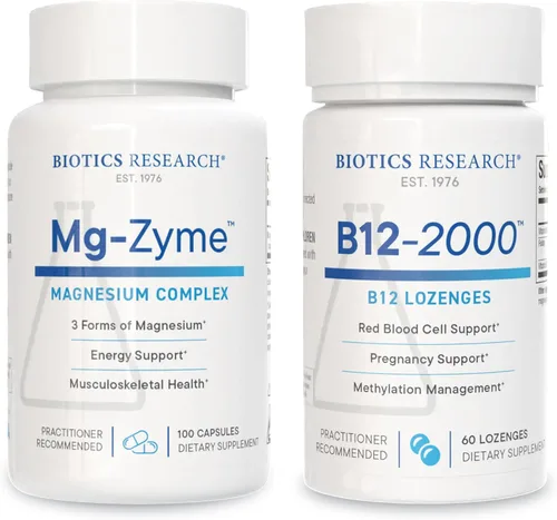 Biotics Research Mg-Zyme Complejo de Magnesio Triple para el sueño, la relajación y la salud ósea + vitamina B12-2000 B12, B6 y folato para apoyo de