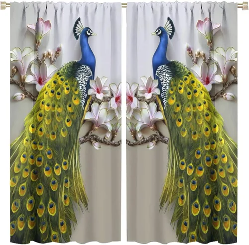Miniatura 35 de Cortina opaca con estampado de pavo real, con estampado de animales retro, con bolsillo para cortinero y flores de peonía doradas, para dormitorio