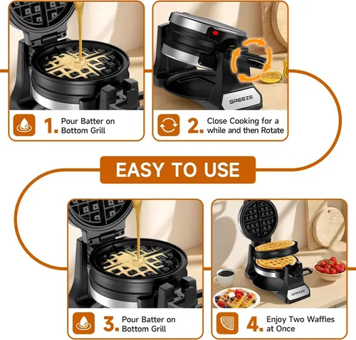 Miniatura 8 de Waflera, Waflera Belga Doble con Giro de 180°, Plancha para Wafles de 1400W para 8 Rebanadas, Placas Giratorias y Antiadherentes con Bandeja