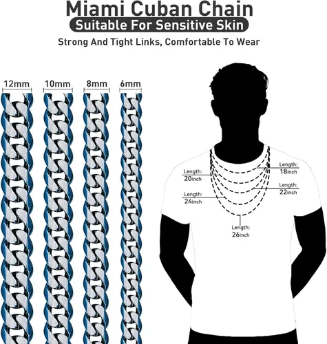 Miniatura 52 de YAMI Cadena de eslabones cubanos para hombre, azul/negro/oro de 14 quilates, acero inoxidable de 0.394-0.472 in de grosor, collar de cadena