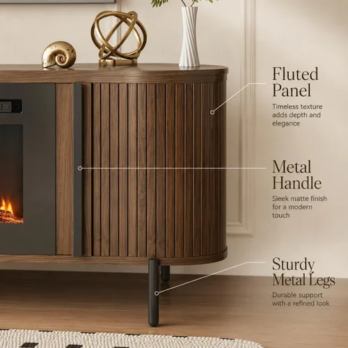 Miniatura 6 de Soporte de TV de lujo de 70 pulgadas con chimenea, moderno soporte de TV de mediados de siglo, centro de entretenimiento para televisores de hasta