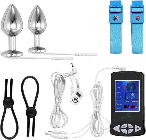 Juego de enchufe anal eléctrico y anillo para el pene, juego de enchufe anal eléctrico de lujo de 1.260 in y 0.984 in, tapón de choque eléctrico