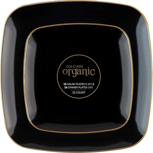 Miniatura 6 de Tazones de sopa cuadrados de plástico negro orgánicos para fiestas con borde dorado, vajilla desechable elegante, platos de 16 oz, paquete de 32