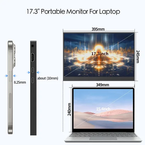 Miniatura 3 de Monitor portátil para portátil de 17.3 pulgadas, 2.5K (2560 x 1440p), monitor de juegos IPS HDR de 144 Hz, puertos HDMI USB-C funda magnética