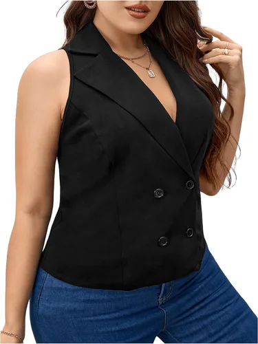 Miniatura 3 de Floerns Blazer sin mangas con cuello de solapa y botones frontales para mujer