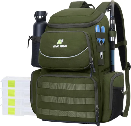 N NEVO RHINO Mochila de aparejos de pesca con soportes para caña, bolsa de pesca grande de 40 L con cubierta impermeable para lluvia, bolsa de
