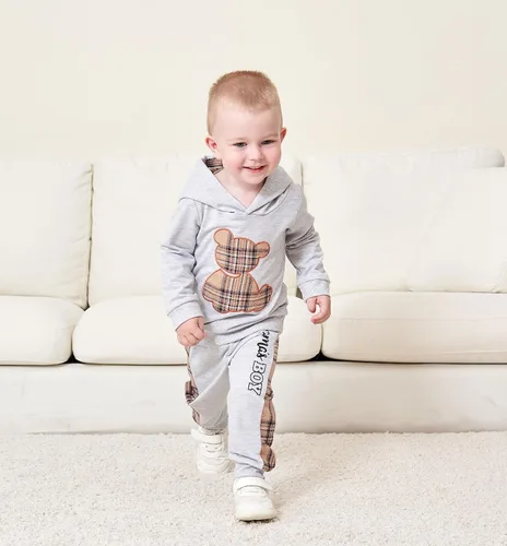 Miniatura 5 de Ropa de bebé niño a cuadros con capucha de manga larga con capucha y pantalones de retazos, ropa de invierno para niño