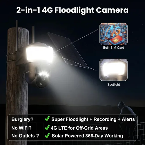 Miniatura 2 de Cámara de seguridad solar celular 4G LTE inalámbrica para exteriores, cámara de seguridad sin WiFi con potente foco, almacenamiento en la nube