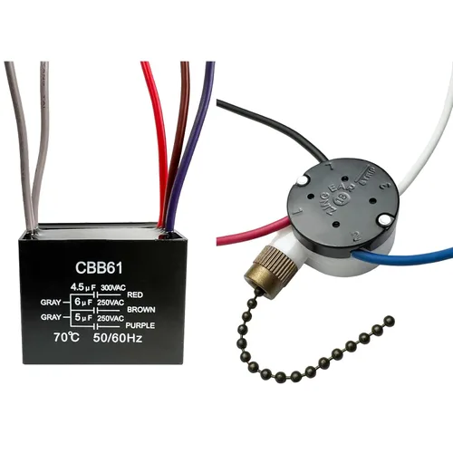 YukiHalu Interruptor de cadena para ventilador de techo, 3 velocidades, 4 cables preinstalados, condensador de ventilador de techo CBB61 4.5uf + 6uf