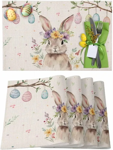 Miniatura 23 de Juego de 4 manteles individuales con diseño floral de conejo de Pascua, manteles individuales lavables para cocina, mesa de comedor, manteles