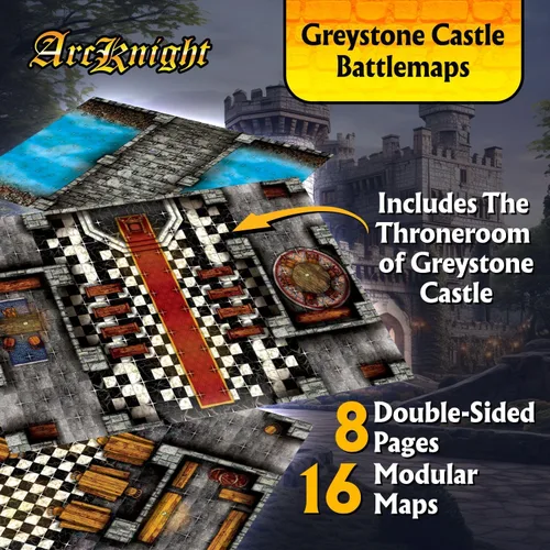 Arcknight Los mapas de batalla de juego de rol del castillo de Graystone; 16 mapas modulares RPG en 8 páginas de doble cara, cuadrícula cuadrada de
