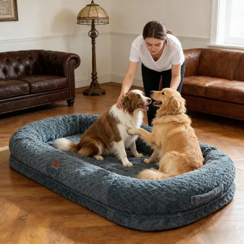 Miniatura 2 de Cama para perros para adultos de tamaño humano – Cama de lujo de piel sintética para perros tamaño gigante con asa portátil, cama ortopédica de Gris