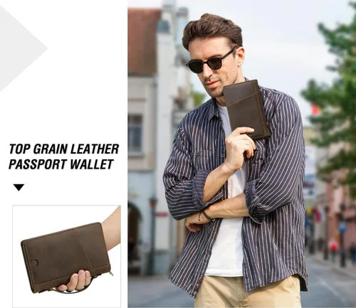 Miniatura 3 de Funda de cuero de grano superior para pasaporte de viaje para hombre y mujer, hecha a mano para 4 pasaportes y múltiples tarjetas, bloqueo RFID