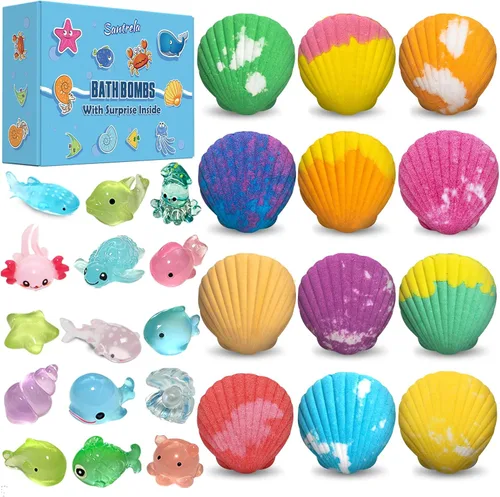 Bombas de baño para niños con juguetes sorpresa en el interior, paquete de 12 bombas de baño para niños, juego de regalo para niñas y niños,