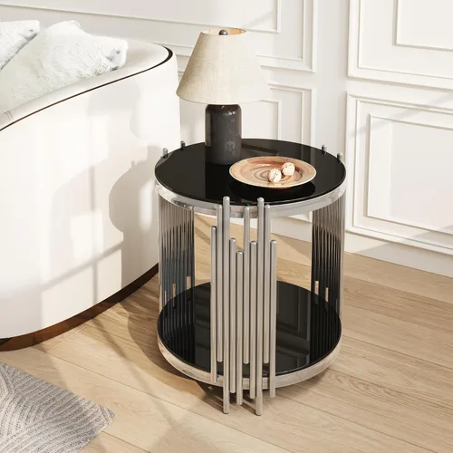 Miniatura 16 de Moderna mesa consola de cristal plateado, mesa de sofá estrecha para entrada con estantes de almacenamiento de 2 niveles para pasillo, espacio
