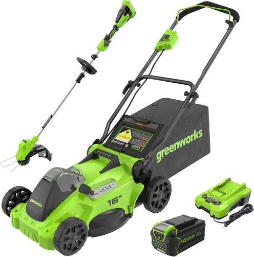 Greenworks Cortacésped inalámbrico sin escobillas de 40 V y 16 pulgadas + recortadora de cuerda TORQDRIVE de 40 V y 15 pulgadas, batería de 4.0 Ah y