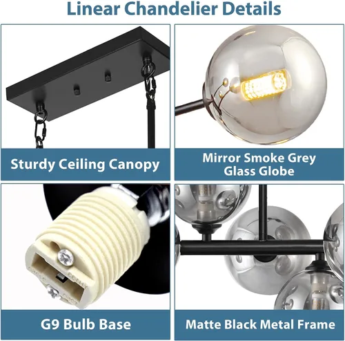 Miniatura 4 de Candelabro lineal negro Sputnik de 70 pulgadas, lámpara de comedor con 22 luces, globo de vidrio, lámpara lineal ahumada para granja, sala de estar