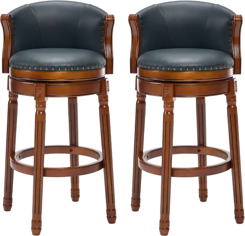 Miniatura 9 de CozyRain Taburetes de bar de madera de goma, taburete de bar tapizado de cuero con respaldo y reposapiés para el hogar, cocina, mostrador, comedor