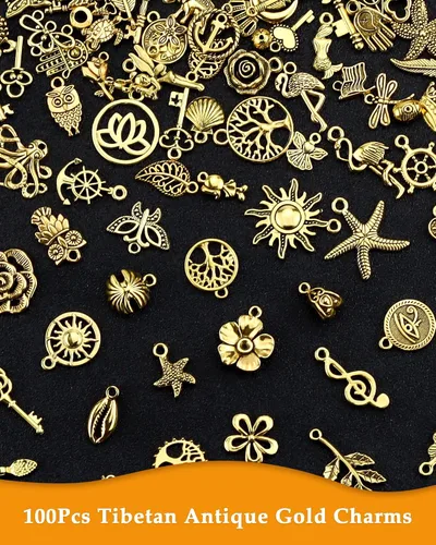 Miniatura 3 de JIALEEY 100 piezas al por mayor de lotes a granel de oro mezclados tibetanos antiguos colgantes de oro DIY para pulseras, collares, joyería