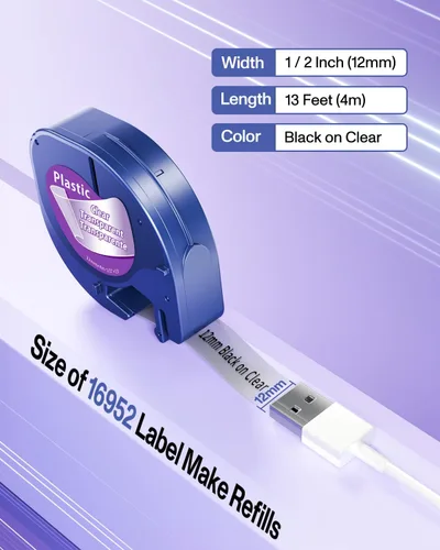 Miniatura 5 de Paquete de 4 cintas adhesivas de plástico transparente compatibles con Dymo Letratag 16952 S0721530 de 0.472 in x 13.1 ft 1/2 pulgadas x 13 pies