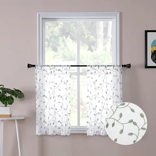 Miniatura 21 de Tollpiz Cortinas Cortas Transparentes de Hojas con Bordado de Hojas Grises, Cortinas de Dormitorio con Bolsillo para Barra, Voile de Lino Sintético