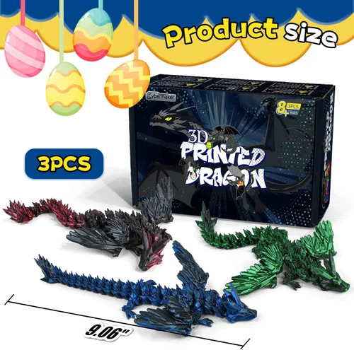 Miniatura 6 de 3 piezas de dragón impreso en 3D de 9 pulgadas con alas, dragones de cristal oscuro totalmente articulados, juguetes flexibles para aliviar